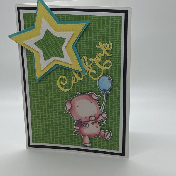 Celebrate Piggy Hand Colored Card