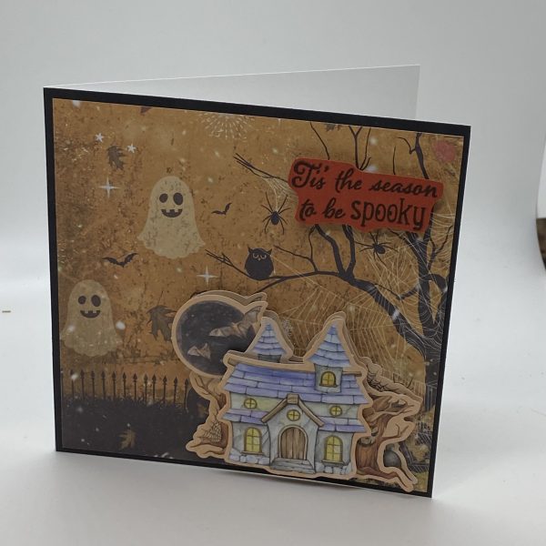 Blue Haunted House With Ghosts Halloween Card