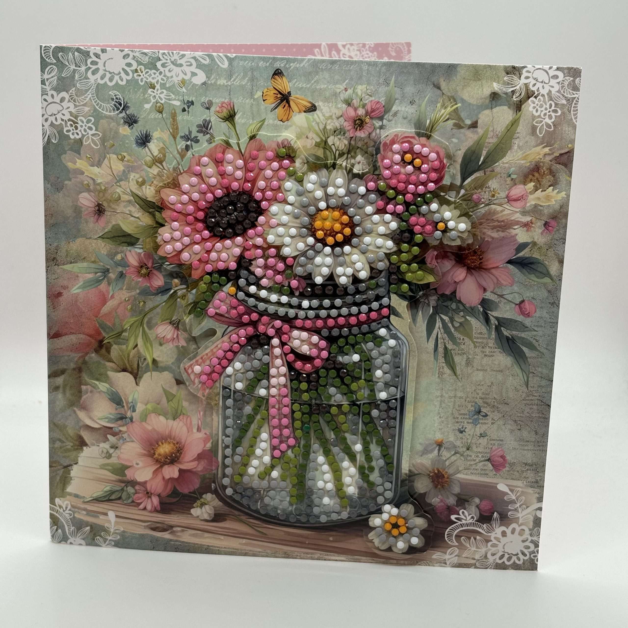3 D Raised Dots Glass Jar Of Flowers Thank You Card