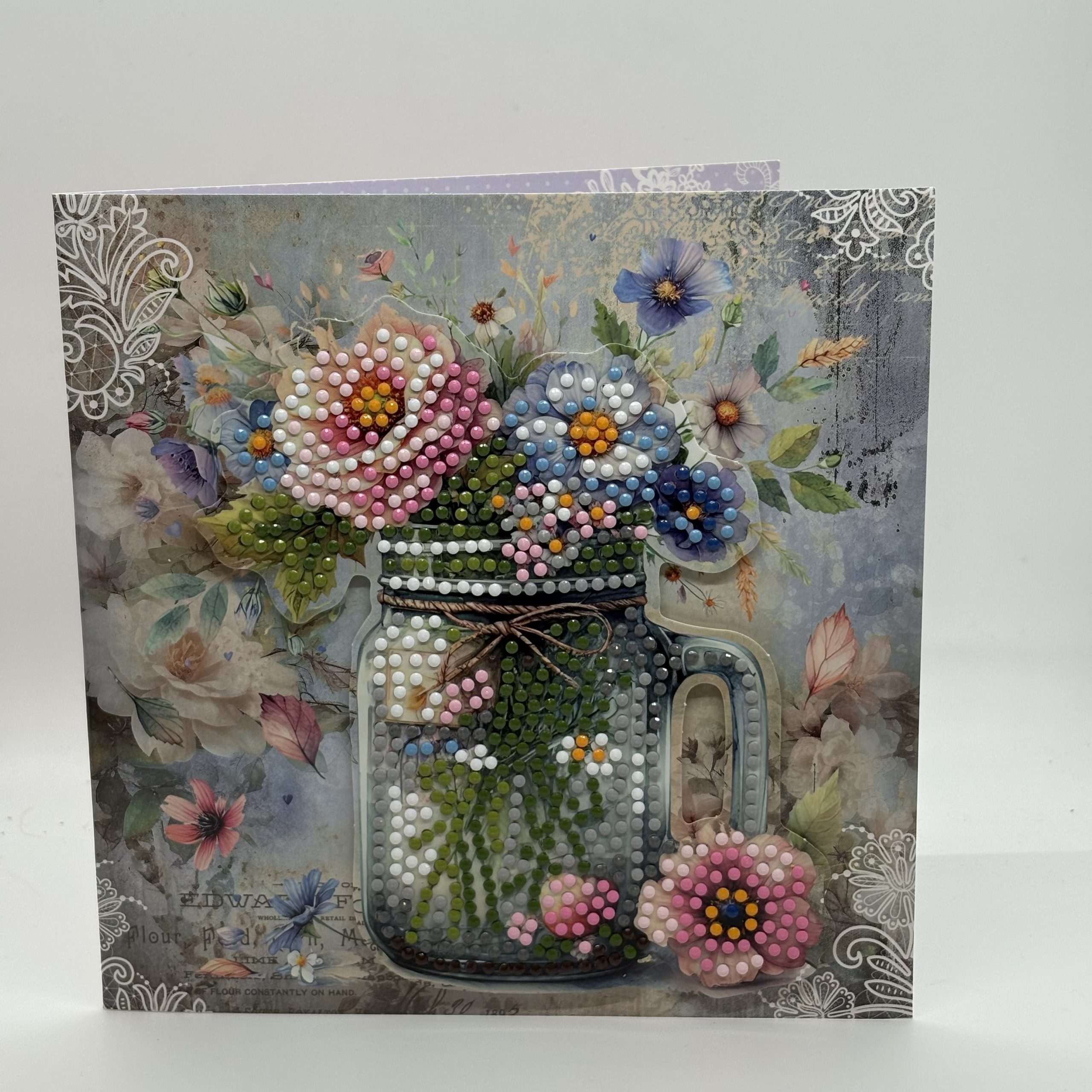 3D Raised Dots Glass Jug Full Of Flowers Best Wishes Card