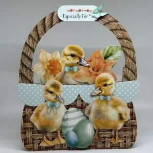 Oversized Teal Basket With Baby Ducks And Flowers Easter Card
