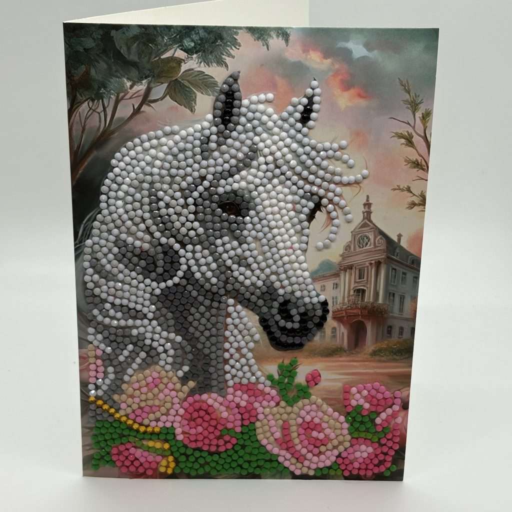 Beaded White And Gray Horse Blank Card