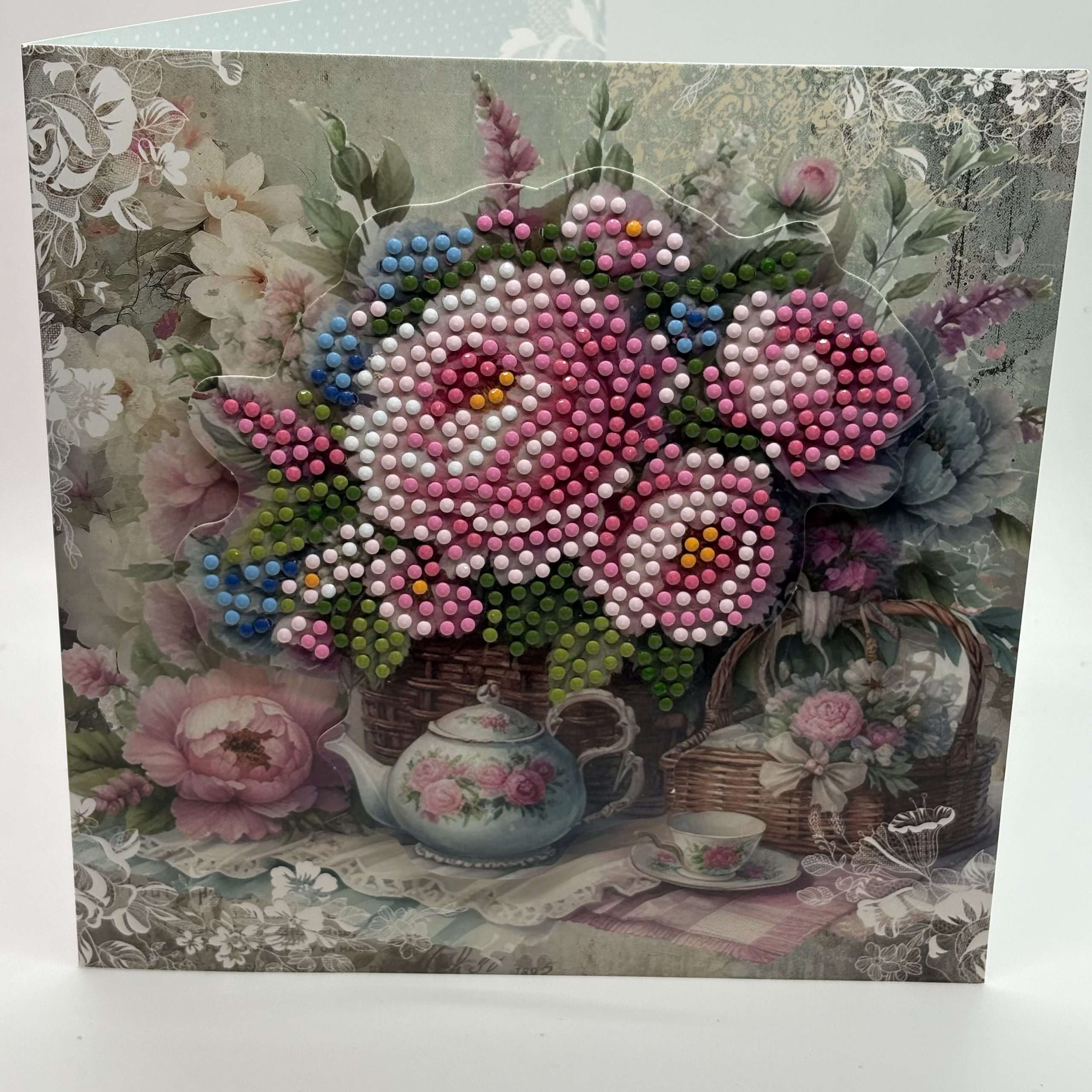 Raised Beaded Flower Basket With Teapot Birthday Card