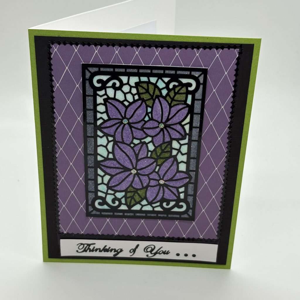 Purple Flowers Window Pane Glitter Thinking Of You Card