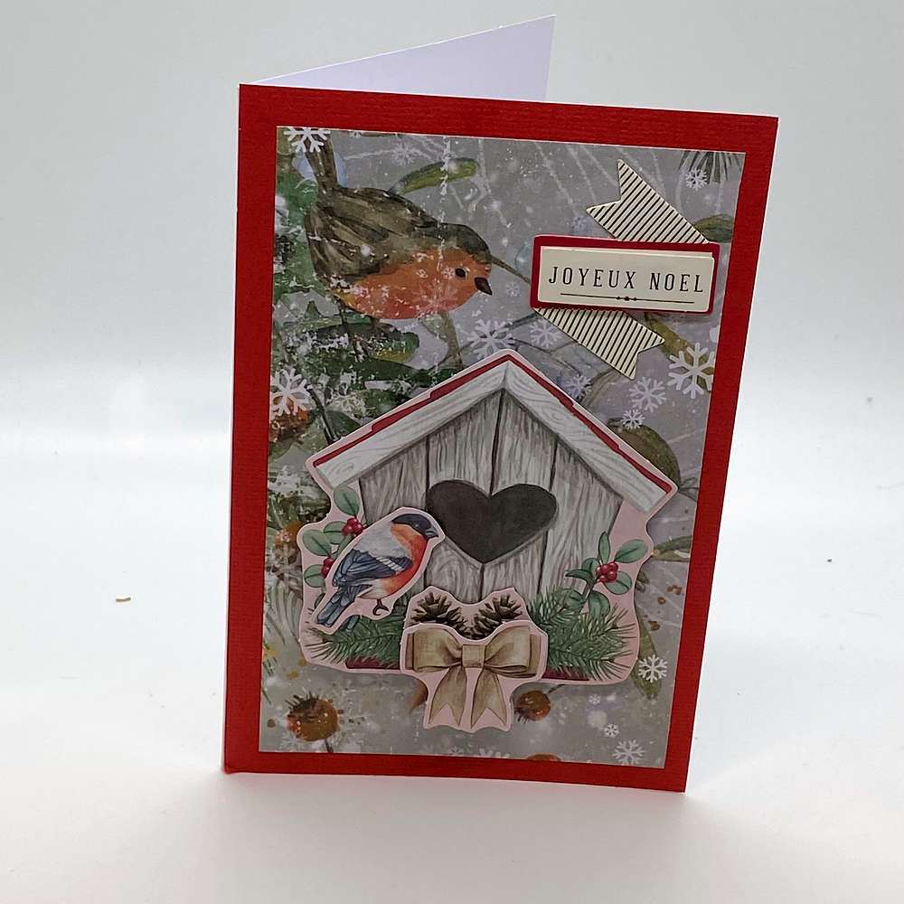 3D birdhouse Christmas card on a red mat with a robin perched above a gray wooden birdhouse with a heart opening, a small bluebird, pinecones and a bow, and a striped banner label. Text reads: "Joyeux Noel" - Grammy's Grams Handmade Greeting Cards
